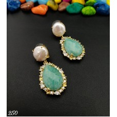 Amazonite and Pearl gold plated cz dangle earrings